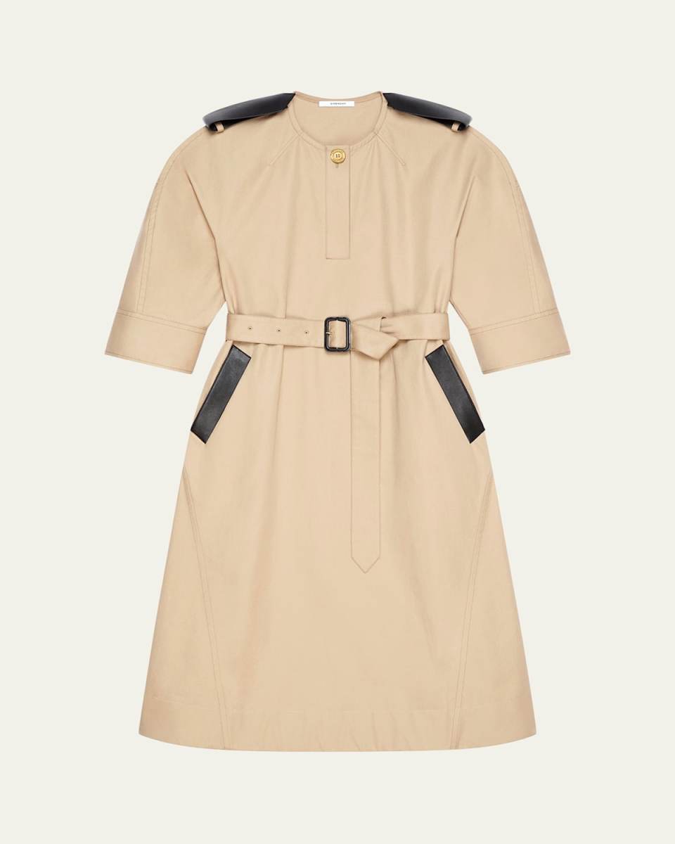 Leather-Trim Belted Cotton Twill Midi Cocoon Dress